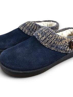 Clarks Womens Knit Suede Leather Slippers Indoor Shoes Navy Blue Cozy Size 9M